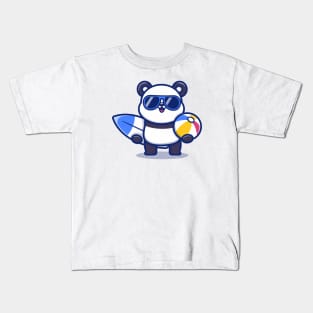 Cute Panda Holding Surfboard And Summer Ball Kids T-Shirt